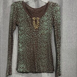Stylish Brown and Green Leopard Print Long Sleeve Top